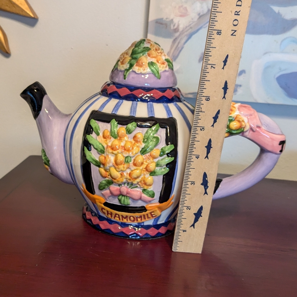 Vintage Teapot Chamomile Tea Floral Purple & Yellow Hand Painted Lid Bow Cottage